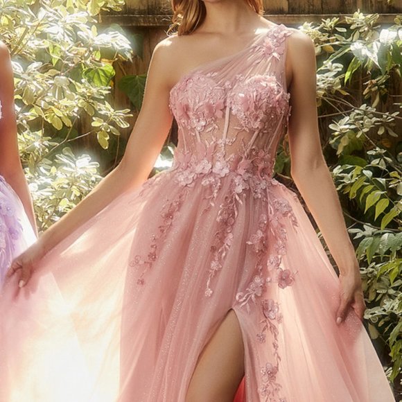 NEW LONG ONE SHOULDER LACE APPLIQUE A-LINE TULLE DRESS WITH ZIPPER BACK AL A1140 - Picture 1 of 9